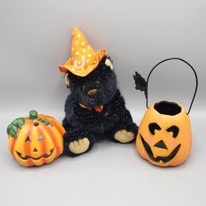 Halloween Decor Lot Plush Bear and 2 Pumpkin Tealight Holders 3-piece Set Clean